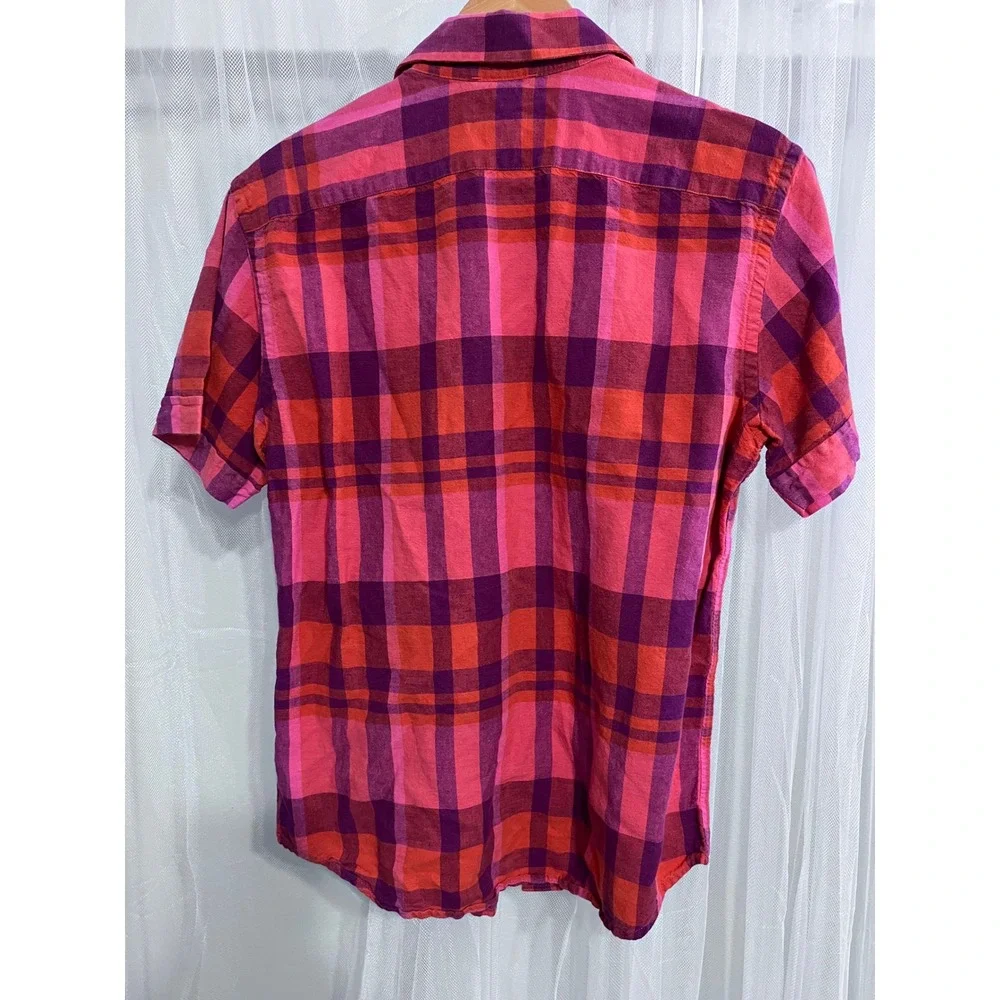 Banana Republic Mens Pink Purple Plaid Linen Short Sleeve‎ Button Up Shirt S